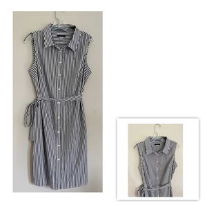 Tommy Hilfiger women’s dress sleeveless button down gray stripe belted waist 12